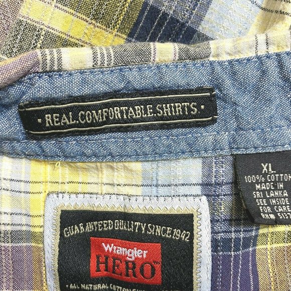 Wrangler Hero Button Down Shirt Mens Size XL XLarge Yellow Blue Check Cotton L/S - Picture 9 of 10
